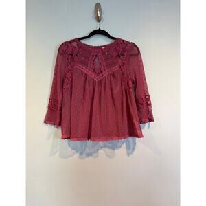 Free People Burgundy Lace Swiss Dot Peplum Blouse